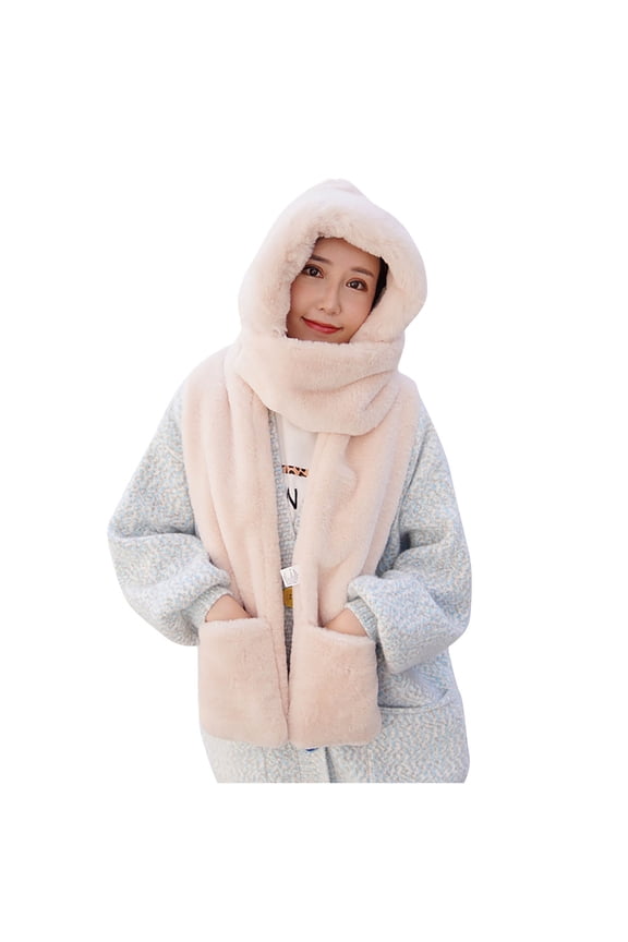 Integrated Hood Scarf Full Fuzzy Lining Built-In Pocket Extended Neck Panel for Outdoor Sidewalk Walks Beige
