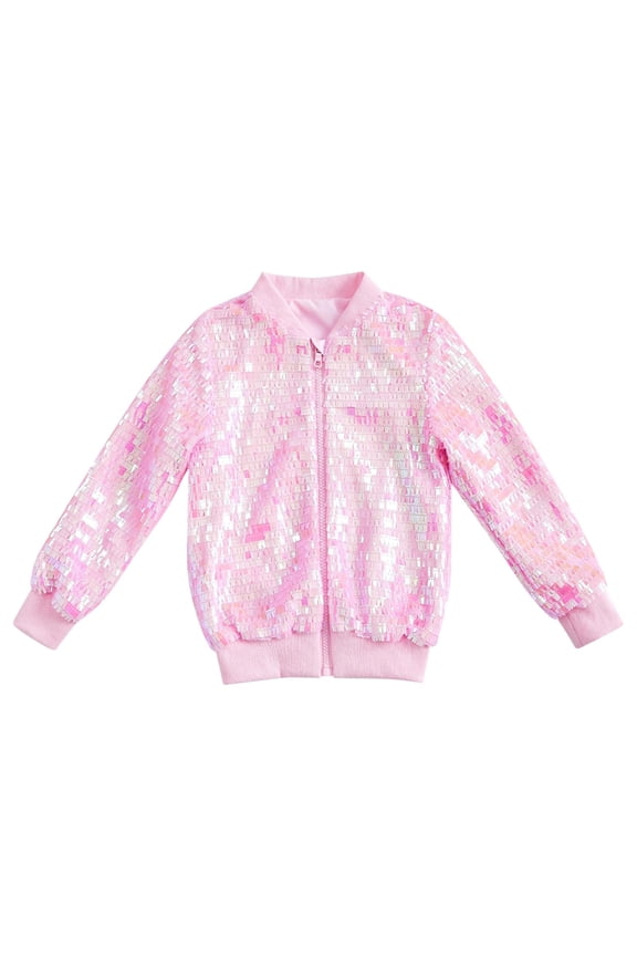 Kid's Bomber Jacket Sparkly Metallic Outfit Long Sleeve Lightweight Party Shiny Outwear Varsity Jacket Dress Coat Pink XL