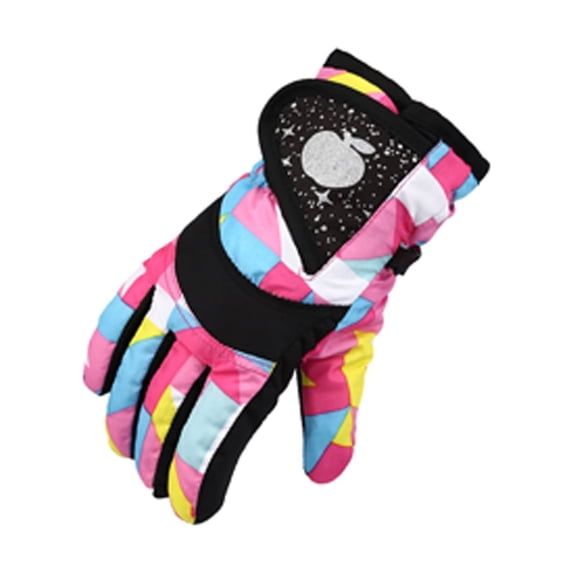 Mwjwdo Kids’ Lined Snow Gloves All-Over Cartoon Print Buckle Wind-Block Reinforced Palm For Mountain Visits Multicolor