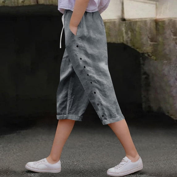 Mwjwdo Linen Pants Girls Summer Capri Shorts Lightweight Drawstring Pants Trendy Straight Leg Pant Button Pant with Pockets Gray 14 Years