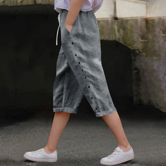Mwjwdo Linen Pants Girls Summer Capri Shorts Lightweight Drawstring Pants Trendy Straight Leg Pant Button Pant with Pockets Gray 14 Years