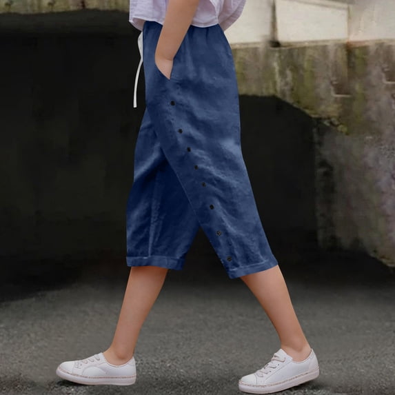 Mwjwdo Linen Pants Girls Summer Capri Shorts Lightweight Drawstring Pants Trendy Straight Leg Pant Button Pant with Pockets Navy 10 Years