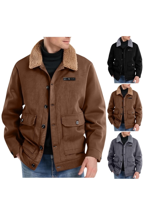 Men Faux Suede Bomber Jacket Trendy Fleece Lined Plus Size Manly Work Motor Flight Jacket Button Down Winter Coats Black M