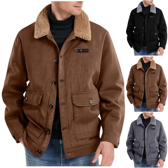 Mwjwdo Men Faux Suede Bomber Jacket Trendy Fleece Lined Plus Size Manly Work Motor Flight Jacket Button Down Winter Coats Coffee L