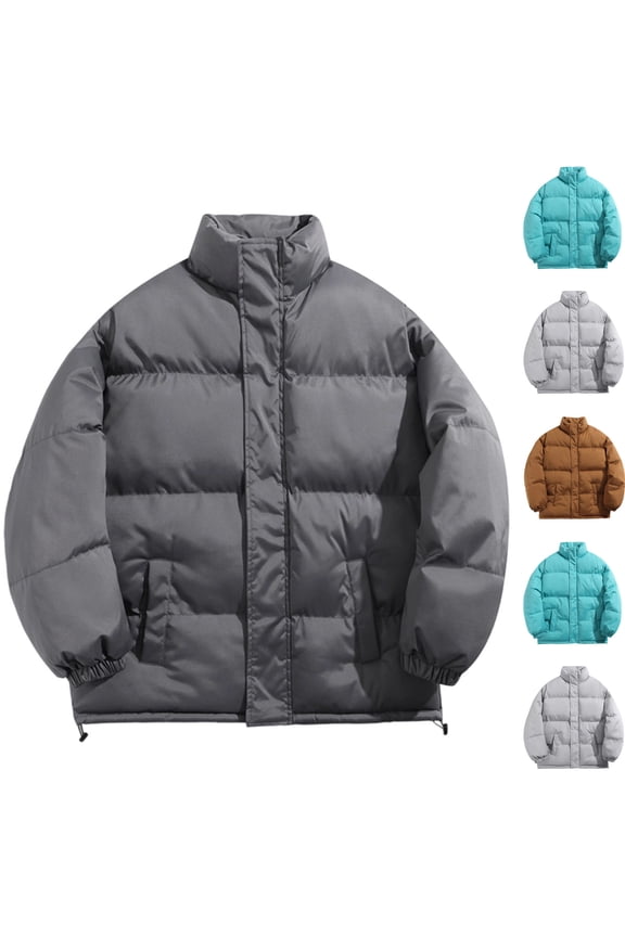 Men Puffer Jackets Thicken Bubble Jacket Warm Stand Collar Color Block Coat Long Sleeve Zip Up Puff Jacket Outwear Dark Gray M