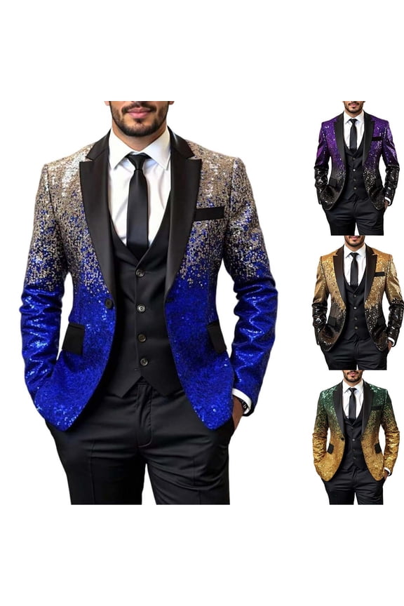 Men Sequin Shiny Prom Suit Jacket Sparkly One Button Slim Fit Sport Coats Blazers Tuxedo for Wedding Banquet Party Purple XXL