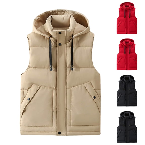 Mwjwdo Men Zip Up Quilted Vest with Hood Winter Down Drawstring Hooded Puffy Vests Padded Classic Sleeveless Jacket Red S