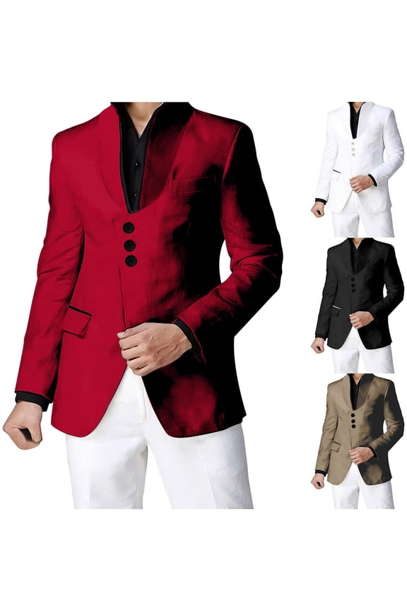 Men's Casual Suit Blazer Jackets Stand Collar Single Breasted Colorblock Blazers Sport Fashion Dress Coat for Prom Red L