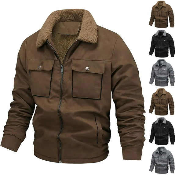 Mwjwdo Men’s Casual Winter Jackets Faux Suede Sherpa Jacket Collared Warm Fleece Lined Turn-Down Coat with Pockets Gray M