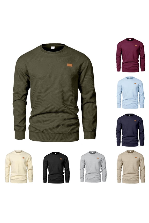 Men's Crewneck Sweatshirts Trendy Solid Color Big and Tall Winter Warm Sweater Midweight Fleece Thermal Pullover Tops Khaki S