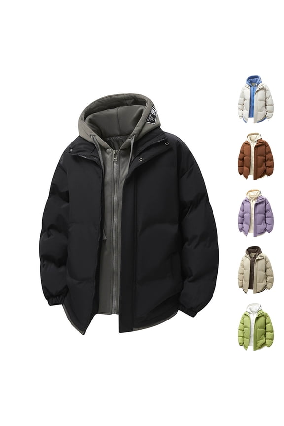 Men's Fake Two Piece Hooded Down Coats Winter Warm Puffer Jacket Full Zip Quilted Casual Insulated Outerwear Black XL