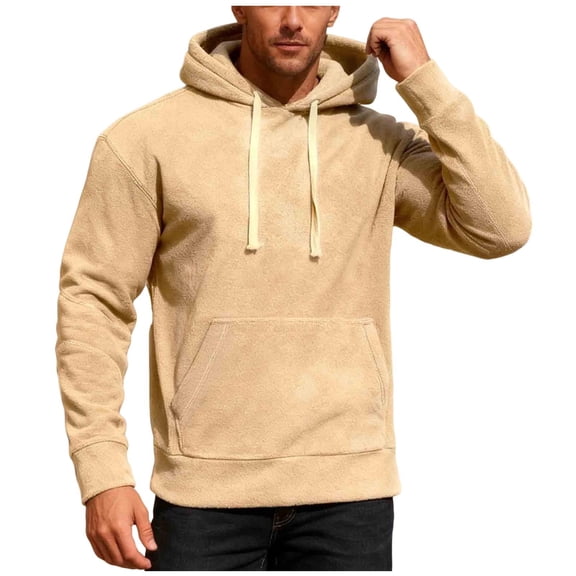 Mwjwdo Men's Fleece Hoodie Long Sleeve Hooded Sweatshirt Casual Basic Shirts Trendy Drawstring Pullover Hoodie with Pocket Khaki S