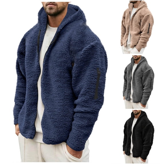 Mwjwdo Men's Fuzzy Sherpa Jacket Cardigan Fleece Plush Long Sleeve Zip Up Thermal Casual Winter Warm Coat Outwear Pockets Khaki XL