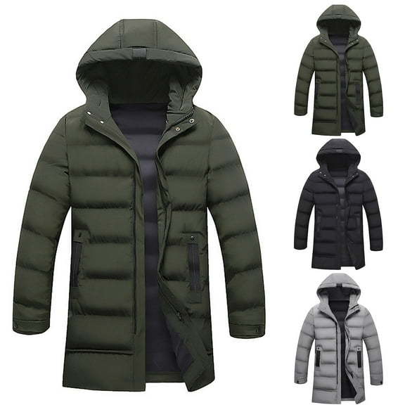 Mwjwdo Men's Hood Puffy Quilted Jacket Winter Warm Long Puffer Coat Windproof Full Zip Thicken Outerwear with Pockets Gray M