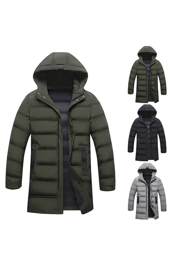 Men's Hood Puffy Quilted Jacket Winter Warm Long Puffer Coat Windproof Full Zip Thicken Outerwear with Pockets Gray M