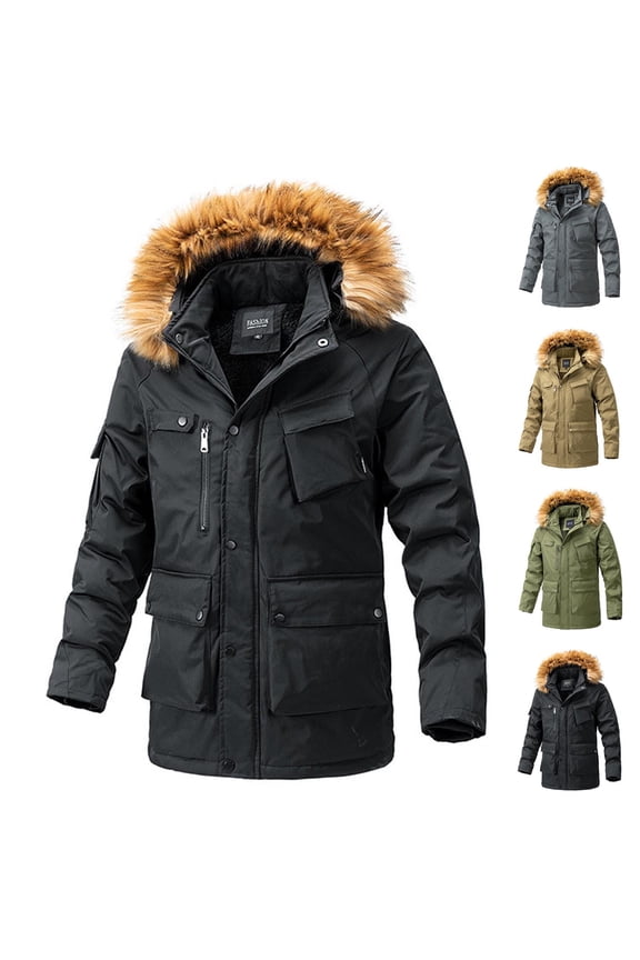 Men's Hooded Winter Puffer Jacket Down Fleece Lined Parka Snow Jacket Insulated Ski Jacket with Detachable Hood Khaki XL