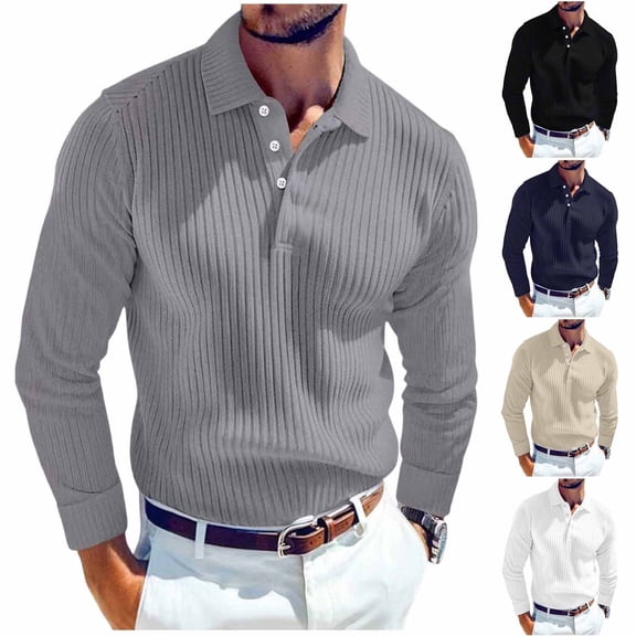 Mwjwdo Men's Knit Collared Sweater Casual Long Sleeve Textured Sweater Lightweight Button Down Striped Knit Golf Sweater Navy L