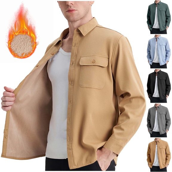 Mwjwdo Men's Polar Fleece Warm Sherpa Lined Shirt Jacket Winter Thick Button Down Lapel Coat Outerwear with Chest Pocket Khaki M
