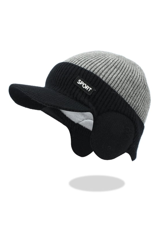 Men’s Short-Brim Ear-Flap Knit Trapper Hat Patch Label Fleece-Lined Interior for Forest Hikes Gray