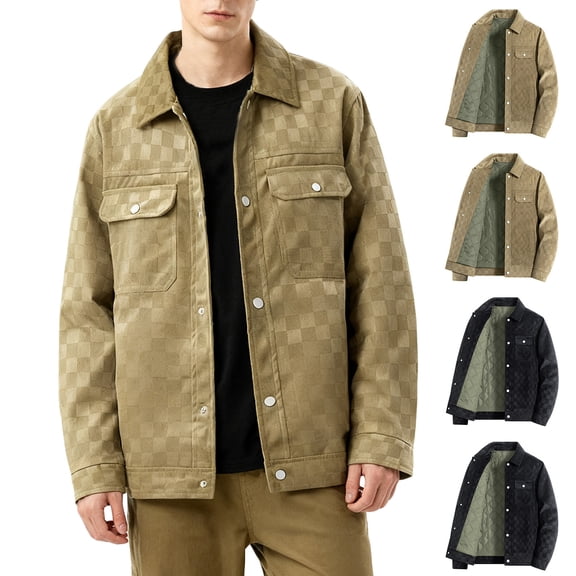 Mwjwdo Men's Stylish Checkerboard Suede Jacket Loose Button Down Lapel Collar Outdoor Casual Sports Coat Outerwear Khaki L