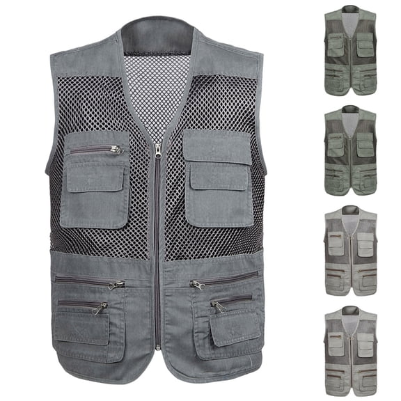 Mwjwdo Men's Summer Outdoor Work Safari Hiking Travel Photo Fishing Vest with Pockets Lightweight Work Photo Vest Gray L