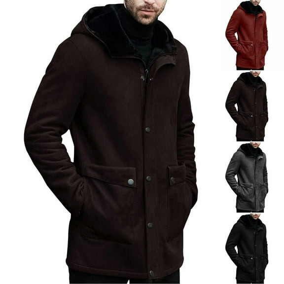 Mwjwdo Men's Vintage Faux Suede Long Jakcets Sherpa Fleece Lined Outdoor Retro Faux Leather Trench Hooded Coats Outwear Red M