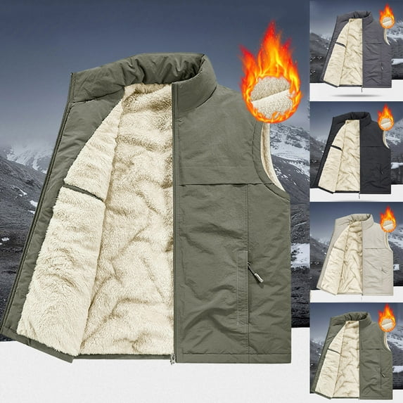 Mwjwdo Men's Winter Fleece Warm Thick Vest Outdoor Photographer Fishing Sleeveless Stand Collar Sports Waistcoat with Zipper Pocket Beige XXL