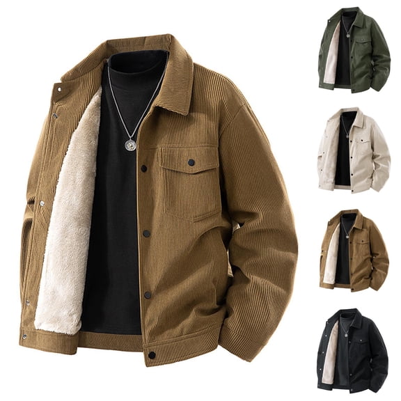 Mwjwdo Men's Winter Jacket Thick Thermal Corduroy Warm Fleece Sherpa Lined Coat Trucker Long Sleeve Lapel Work Cargo Jackets Coffee XL