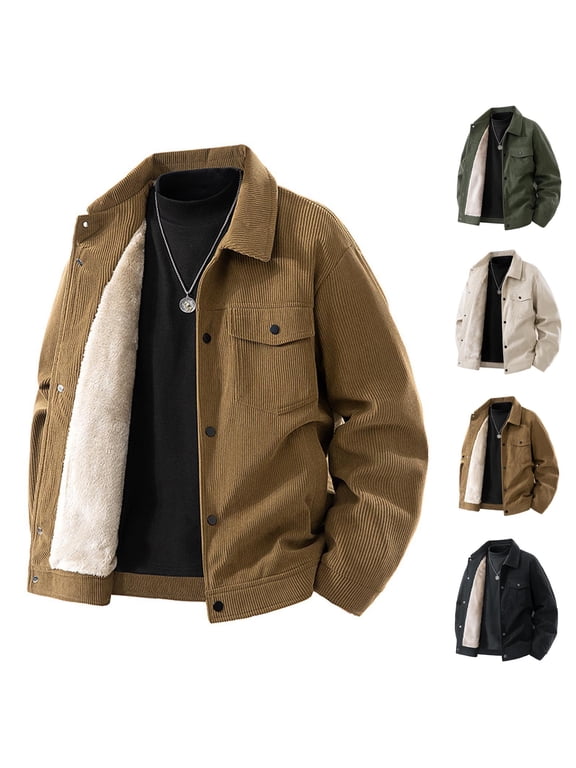 Men's Winter Jacket Thick Thermal Corduroy Warm Fleece Sherpa Lined Coat Trucker Long Sleeve Lapel Work Cargo Jackets Coffee XL