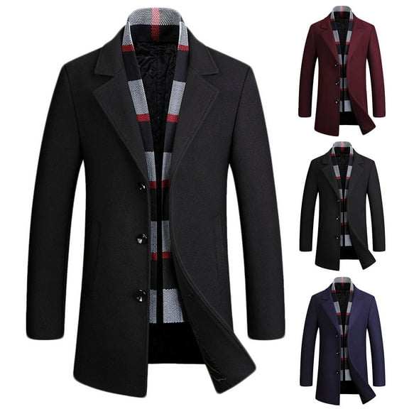 Mwjwdo Men's Wool Blend Coat with Detachable Plaid Scarfs Notched Collar Single Breasted Pea Coat Trench Overcoat Black XXL