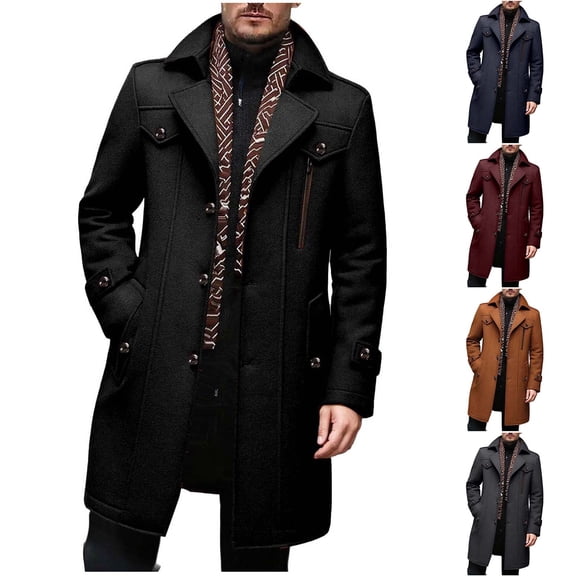 Mwjwdo Men's Wool Blend Coat with Detachable Plaid Scarfs Notched Collar Single Breasted Peacoat Winter Trench with Pockets Brown XL