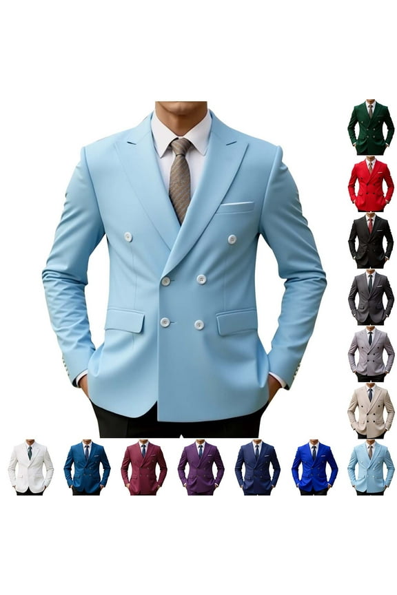 Mens Double Breasted Suit Jacket Slim Fit Blazer for Men Buttons Business Blazer Jakcet Wedding Prom Formal Coat Blue M