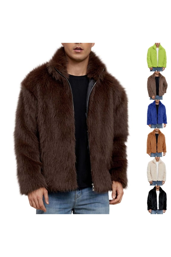 Mens Faux Fur Jackets Fluffy Fall Winter Warm Cozy Coats Open Front Lapel Collar Coat Long Sleeve Stylish Outwear Brown S