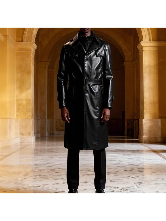 Mens Faux Leather Long Trench Coat Business Work Jackets Coats Single Breasted Pockets Outerwear with Belt Black XXXL