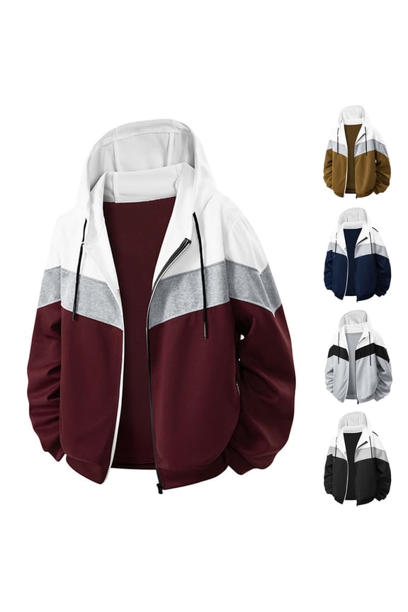 Mens Lightweight Jacket Casual Bomber Hooded Jacket Color Block Athletic Coat Winter Fall Outerwear with Pockets Dark Blue L