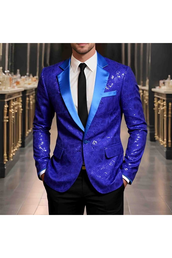Mens Suit Jacket Regular Fit Casual One Button Sequin Blazer Light Up Dress Business Wedding Party Jacket Blue M