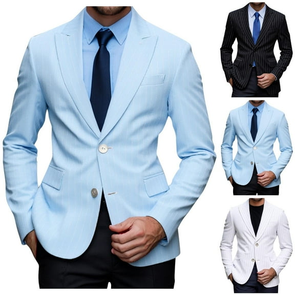 Mwjwdo Mens Two Buttons Blazer Suit Lightweight Casual Business Striped Jacket Sport Coat Slim Fit Daily Wedding Dress White M