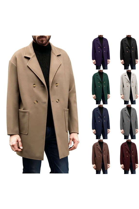 Mens Wool Peacoat Double Breasted Trench Coat Notched Collar Mid Long Jacket Trendy Fall Winter Overcoats with Pocket Purple L