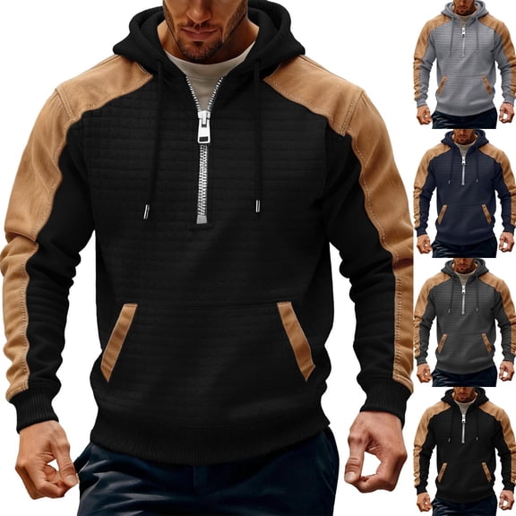 Mwjwdo Mens Zip Up Hoodie Waffle Knit Quarter Zip Pullover Casual Warm Winter Jacket Fashion Streetwear Outfit with Pocket Black XL