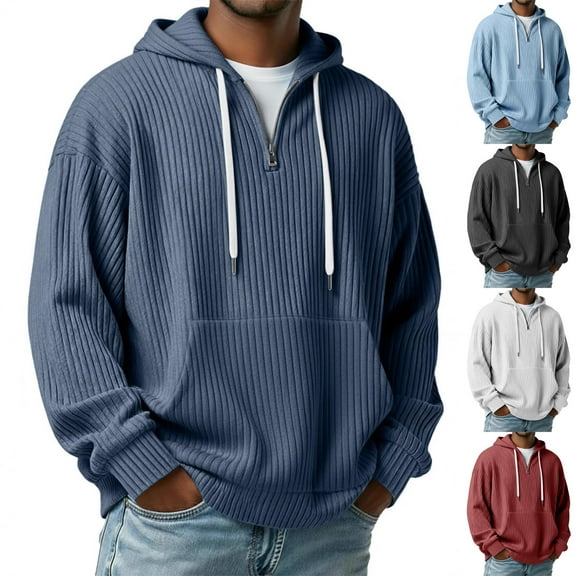 Mwjwdo Quarter Zip Hoodie Men Waffle Knit Hooded Sweatshirts Zipper Drawstring Ribbed Spring Fashion Rugby Shirts Pullover White M