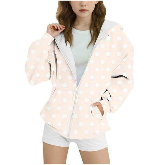 Mwjwdo Savings Baggy Full Zip Hoodie for Girls Fashion Fall Long Sleeve Sweatshirts Polka Dot Printed Kids Outdoor Jackets with Pockets Beige 12-13Years