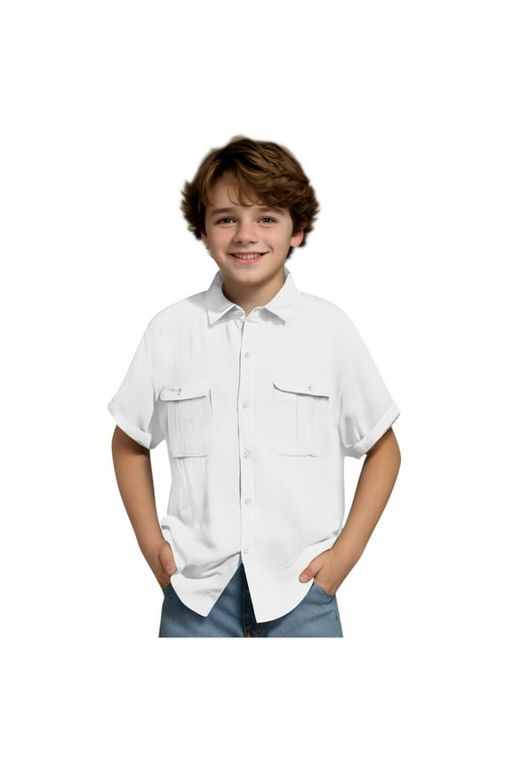 Boys' Short Sleeve Dress Shirts Classic Collared Button-Down Tshirt Solid Cotton Linen Top with Chest Pocket White 11 Years