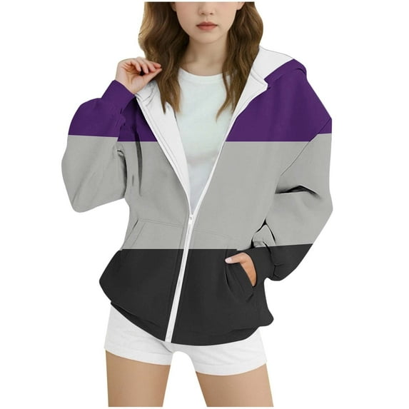 Mwjwdo Savings Fall Clothes for Girls Zip Up Long Sleeve Hooded Sweatshirts with Pocket Drawstring Color Block Hoodies Purple 12-13Years