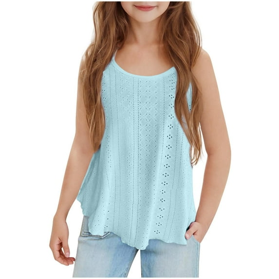 Mwjwdo Girls Eyelet Tank Tops Summer Sleeveless Camisole Spaghetti Strap Beach Casual Loose Flowy Vest Children's Tops Blue 14 Years