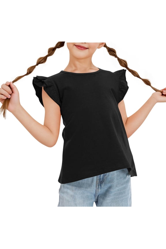 Girls Shirt - Short-Sleeve Twist Front T-Shirt for Girls with Cute Flying Sleeves - Summer Blouse Tunic Tee Tops Black 5 Years