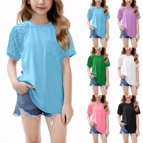 Mwjwdo Girls Summer Loose Lace Patchwork T-Shirts Kids Trendy Raglan Short Sleeve Tops Casual Crewneck Tees for 5-15 Years Blue 9 Years
