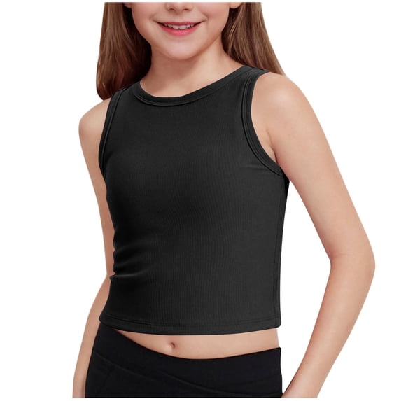 Mwjwdo Girls Tank Tops Kids Athletic Tank Ribbed Knit High Neck Crop Tops for Gym Yoga Basic Seamless Ribbed Tops Black 14 Years