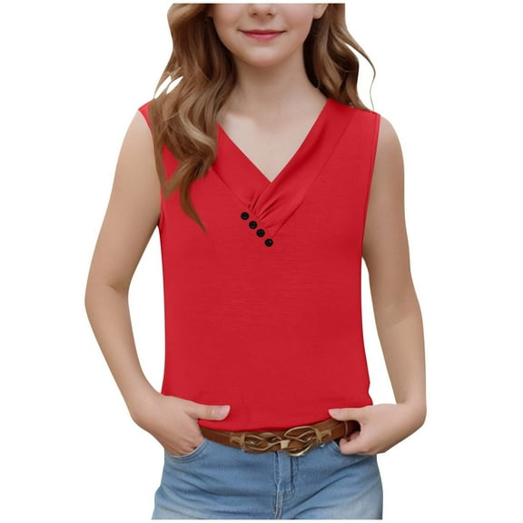Mwjwdo Girls V-Neck Tank Tops Summer Sleeveless Tunic Shirts Children's Solid Color Casual Button Cotton Vest Red 5 Years