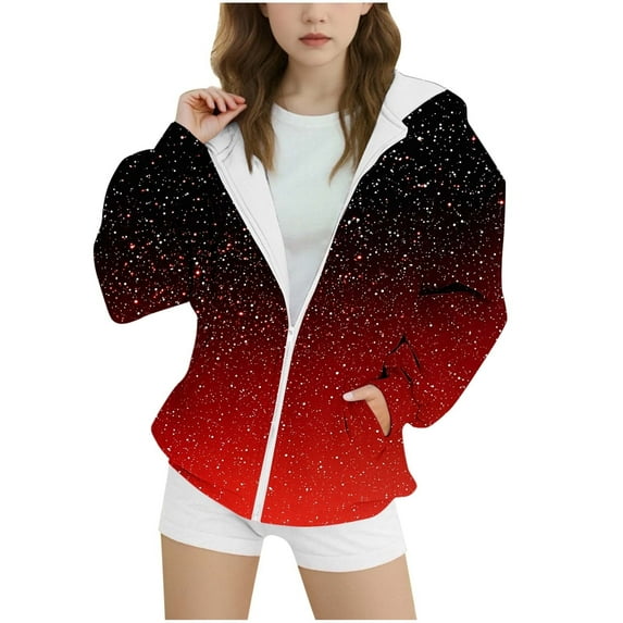 Mwjwdo Savings Girls Zip Up Hoodies Sherpa Lined Fleece Thermal Jacket Full Zip Long Sleeve Sweatshirts Gradient Color Shirts Coat Red 12-13Years