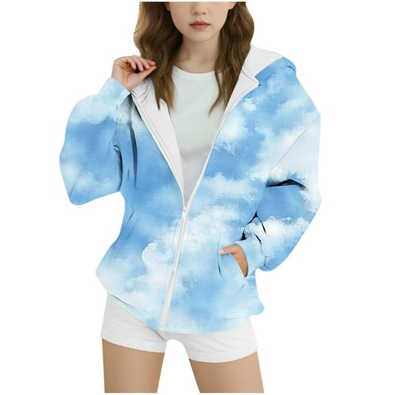Mwjwdo Savings Hoodies for Big Girls Zip Up Hooded Sweatshirts Long Sleeve Cropped Cardigan Jacket Y2k Hooded Jacket with Pockets Sky Blue 12-13Years